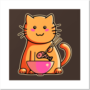 Cute cat eating fish with chopsticks Posters and Art